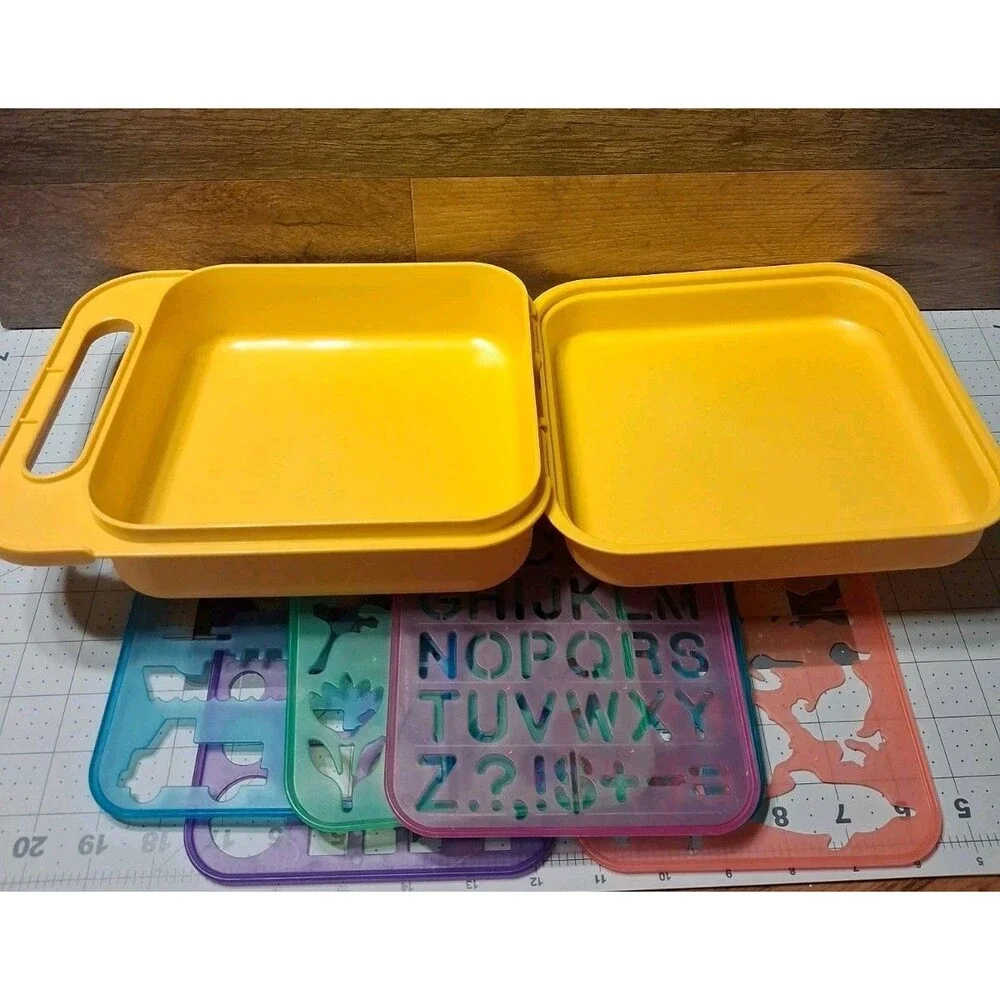Vintage Yellow Tupperware Stencil Case With Stencils